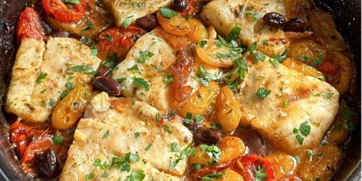 Запеченное рыбное филе с томатами и оливками